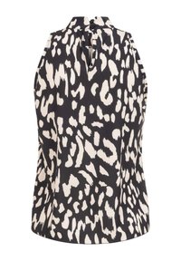 Ärmelloses Oberteil mit hohem Kragen und Schlitz am Rücken, mit schwarz-weißem abstraktem Tiermuster und zwei kleinen schwarzen Knöpfen am Kragen.
