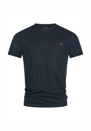 Marineblaue Kurzarm-T-Shirts aus weichem Stoff, mit einer Tasche auf der linken Brust und orange-weißen Akzenten.