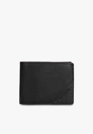 Zwarte leren portemonnee met een gladde textuur, rechthoekige vorm, diagonale accenten en geperst merklogo op de voorkant.