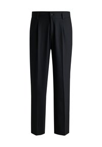 Black trousers made of smooth fabric, featuring a straight leg design, pleats at the front, and a button closure with belt loops.