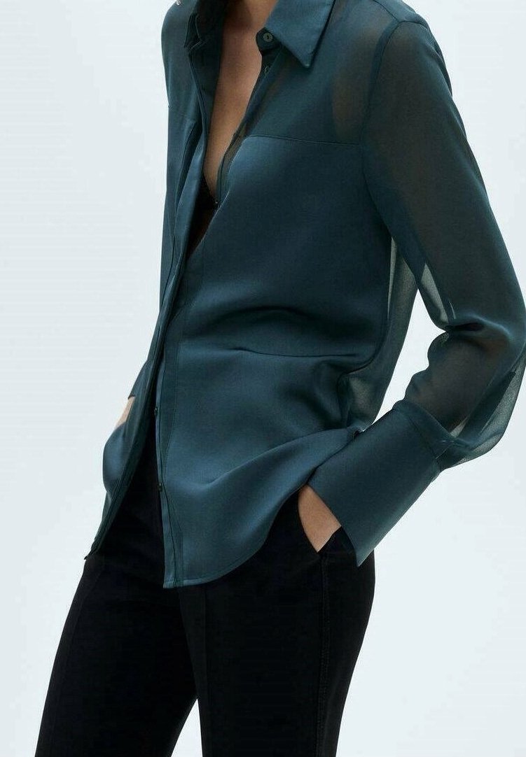 Personne portant un chemisier transparent bleu sarcelle foncé à manches longues et un pantalon noir, debout avec les mains dans les poches devant un fond uni.