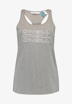 Camiseta sin mangas gris con espalda racer y "O'NEILL" impreso tres veces en letras blancas delineadas en la parte delantera.