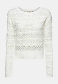 Weißer, gestrickter Pullover mit langen Ärmeln, der strukturierte Streifen und ein Lochmuster aufweist. Kurze Passform mit einem runden Halsausschnitt.