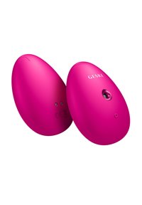 Dispositif rose en forme d'œuf avec une finition en plastique lisse. Les caractéristiques incluent un petit trou, un logo et des marquages réglementaires sur le dessous.