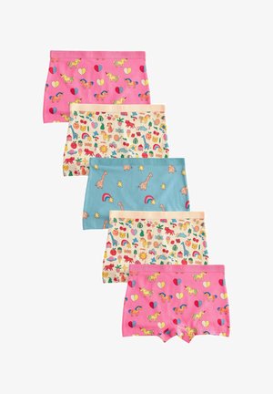 Fünf Paar Kinder-Shorts: rosa mit Einhörnern, beige mit bunten Mustern, blau mit Giraffen und mehr aus weicher Baumwolle.