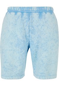 Lyst blå shorts lavet af blødt stof, med et struktureret mønster, elastisk talje og en mid-thigh længde. Ingen synlige lommer.