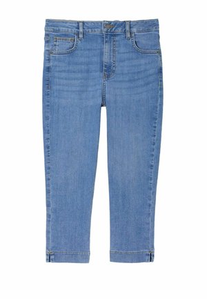 Jeans capri din denim albastru deschis, cucroială regulară, cinci buzunare și tiv pliat. Prezintă un nasture clasic și închidere cu fermoar.