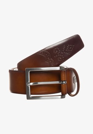 Brauner Ledergürtel mit glatter Oberfläche, verziert mit einem strukturierten dunkelbraunen Akzent und einer silbernen Metallschnalle.