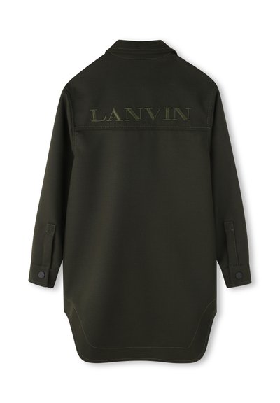 Donkergroene lange mouwen jas met knoopmanchetten en "LANVIN" geborduurd op de bovenrug.