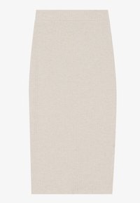 Gonna midi beige realizzata in tessuto a coste, con silhouette dritta e vita elastica senza ulteriori dettagli o hardware.