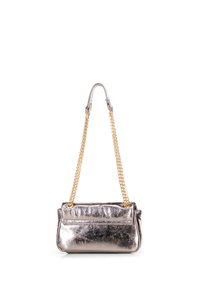 Metallic silver handbag with a textured finish; features a gold chain strap and a front pocket; rectangular shape with a slightly slouched design.