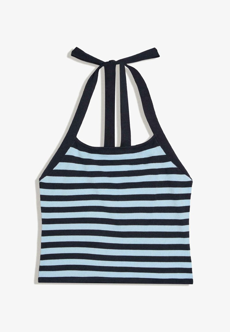 Crop top à col halter avec rayures horizontales bleu clair et noir et bretelles noires à nouer.