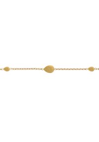Bracciale color oro con una delicata catena, caratterizzato da tre accenti a goccia piatta di dimensioni diverse. Texture liscia con una finitura opaca.