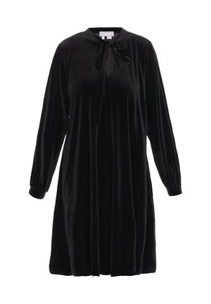 Schwarzes, samtweiches Kleid mit langen Ärmeln, einem runden Ausschnitt und einem Bändchen-Detail am Kragen. Verfügt über eine lockere Passform und eine sanfte Textur.