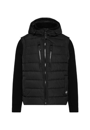 Black padded vest with a hood, featuring a quilted design, ribbed black sleeves, and two zippered front pockets. Front zipper closure.