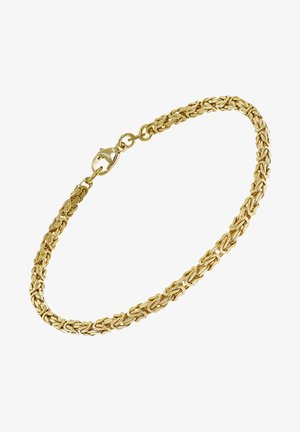 Goldene Kettenarmband mit ineinander verwobenen Gliedern, ausgestattet mit einem Karabinerverschluss. Glatte Textur, polierte Oberfläche und durchgehend gleichmäßige goldene Farbe.