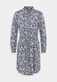 Abito camicia a fiori con sfondo blu navy, fiori azzurri e bianchi, maniche lunghe, colletto e dettaglio con cintura in vita.