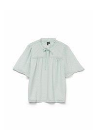 Ljus mintgrön blus med puffärmar, rynkad krage och dragsnöre vid halsen. Texturerad med små prickmönster.