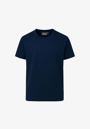 T-shirt in cotone blu navy con scollo rotondo, maniche corte e orlo dritto. Texture liscia senza motivi o dettagli visibili.