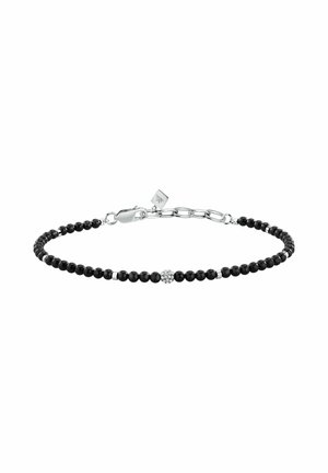 Bracciale nero con perline, con una perla centrale in argento con strass e una chiusura a catena d'argento con un anello regolabile.