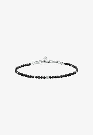 Bracciale nero con perline, con una perla centrale in argento con strass e una chiusura a catena d'argento con un anello regolabile.