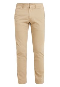 Beige chino's gemaakt van gladde katoenstof, met een slim fit, een platte voorkant en standaardzakken, met een knoopsluiting bij de taille.