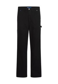 Pantaloni cargo negri cu croială dreaptă, având două buzunare frontale, un buzunar posterior și accente albastre pe laterale și pe talie.