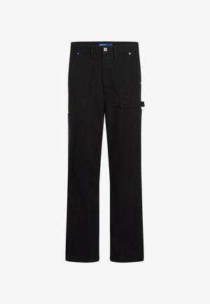 Melnas cargo bikses ar taisnu piegriezumu, ar diviem priekšējiem kabatām, aizmugures kabatu un ziliem akcentiem sānos un jostasvietā.
