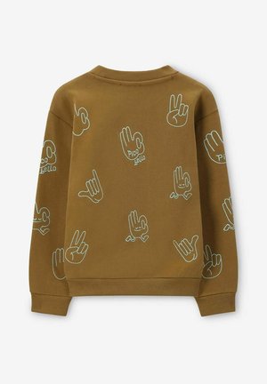 Bruine sweatshirt met witte lijntekeningen van handen en de tekst "Pico Bello" verspreid over het geheel. Ribgebreide manchetten en halslijn.