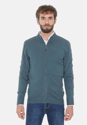 Uomo con barba che indossa un maglione blu con zip sopra una camicia bianca e jeans blu, in piedi contro uno sfondo chiaro e uniforme.