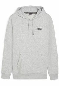 Sudadera gris con capucha hecha de forro polar, con un bolsillo tipo canguro y un logo negro de Puma en el pecho. Cuerdas ajustables en la capucha.