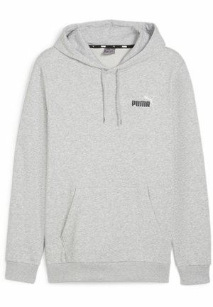 Sudadera gris con capucha hecha de forro polar, con un bolsillo tipo canguro y un logo negro de Puma en el pecho. Cuerdas ajustables en la capucha.