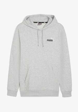 Sudadera gris con capucha hecha de forro polar, con un bolsillo tipo canguro y un logo negro de Puma en el pecho. Cuerdas ajustables en la capucha.