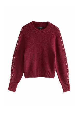 Bordeauxfarbener Strickpullover mit gerippten Bündchen und Saum, der mit kleinen perlenartigen Perlen entlang der Länge beider Ärmel verziert ist.