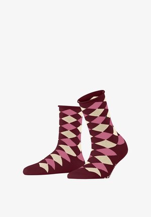 Maroon socks with a diamond pattern in pink and cream. Made of stretchy fabric, featuring a ribbed cuff and reinforced toe.