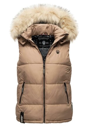 Gilet rembourré beige avec une capuche en fausse fourrure, doté d'une fermeture éclair intégrale, de poches latérales et d'une doublure intérieure à motifs avec une marque.
