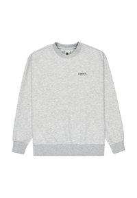Sudadera gris hecha de un tejido suave, con cuello redondo, mangas largas, puños de canalé y un pequeño logo impreso en el pecho.