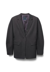 Blazer su misura di colore grigio scuro con un solo bottone, revers a notched, tasche anteriori a patta e foderatura interna liscia, taglia piccola.
