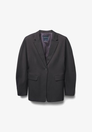 Single-button dark gray tailored blazer with notch lapels, front flap pockets, and smooth inner lining, size small.