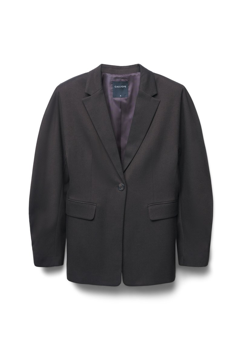 Blazer su misura di colore grigio scuro con un solo bottone, revers a notched, tasche anteriori a patta e foderatura interna liscia, taglia piccola.
