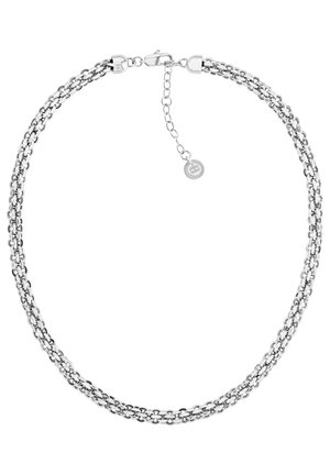 Collier à double chaîne ton argent avec fermoir mousqueton et chaînette d'extension réglable, orné d'un petit pendentif rond.