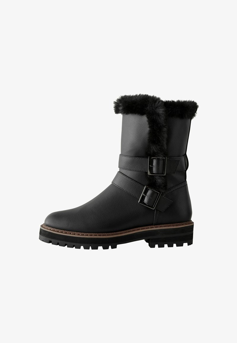 Must musta ankle saapad kunstkarusnaha äärisega, kahe reguleeritava rihmaga metallist pandlatega, tekstureeritud pind ja karm tald.