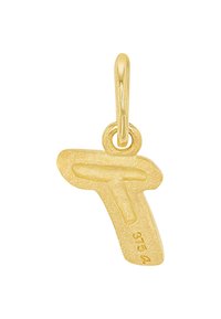 Guldtonad metallberlock formad som bokstaven "T," med en texturerad yta och en ögla för fäste. Märkt med "375" och "4."