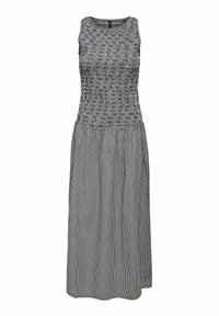 Randig svartvitt ginghamklänning med en figurnära smockad bodice, utan ärmar och en flödande kjol som når ner under knäet.