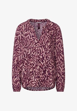 Langærmet bluse i pink og lilla abstrakt mønster med v-udskæring og knapdetalje foran. Blødt, letvægtigt stof med sammensnørede manchetter.