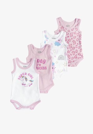 Quattro body per neonati in rosa e bianco, con disegni di unicorni e arcobaleni, in diversi modelli e colori, realizzati in morbido cotone.