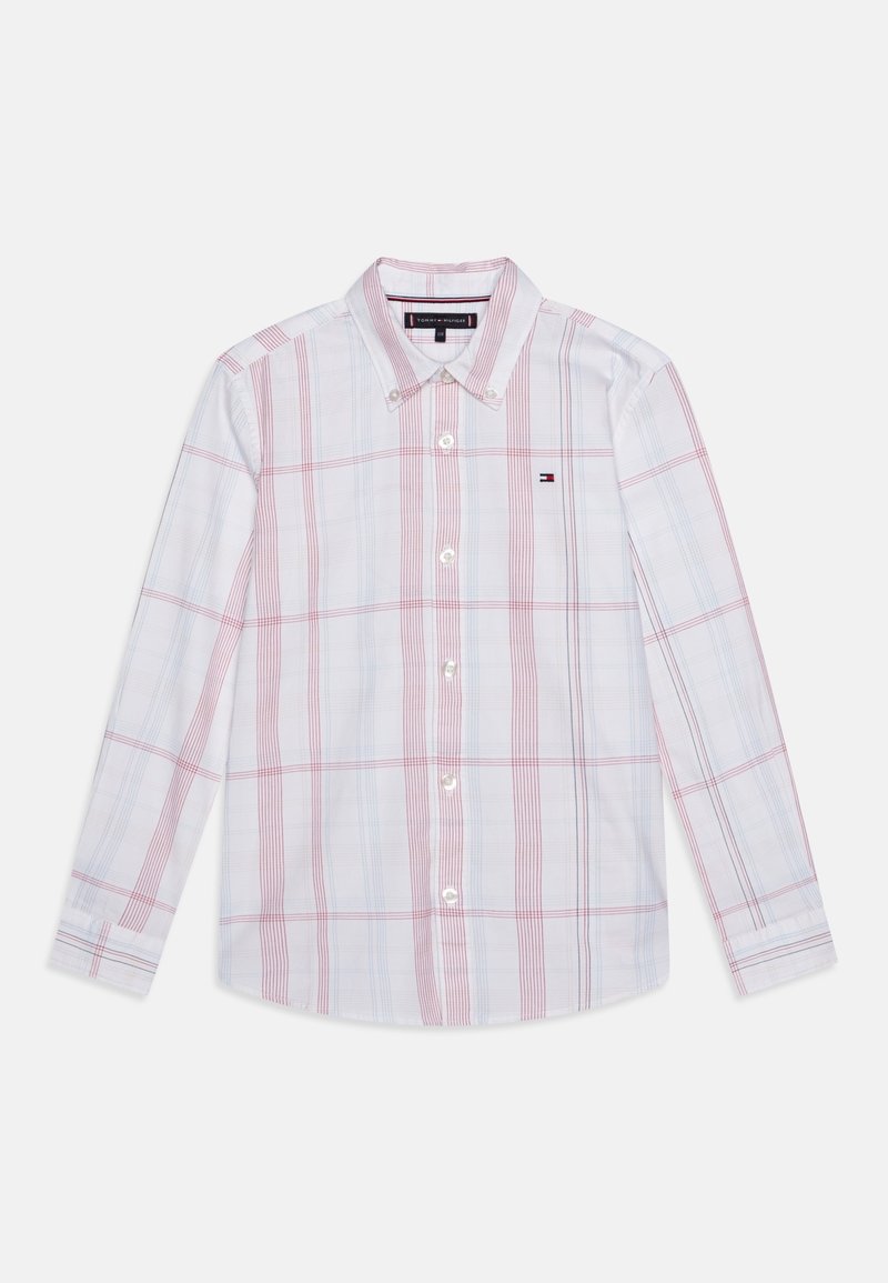 Chemise homme à manches longues, blanche avec un motif à carreaux rouges et bleus. Elle possède un col classique et un petit logo sur la poitrine.