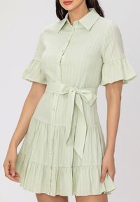 Robe à manches courtes, verte clair, à boutons avec un corsage cintré, un ourlet volanté et une ceinture en tissu. Présente un motif rayé texturé.