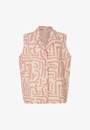 Sleeveless button-up blouse with pink abstract maze-like pattern on cream background and a notched collar.