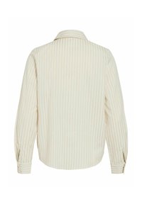 Langarm, crèmekleurig shirt met dunne verticale beige strepen, met knoopmanchetten en een spitse kraag, weergegeven van achteren.